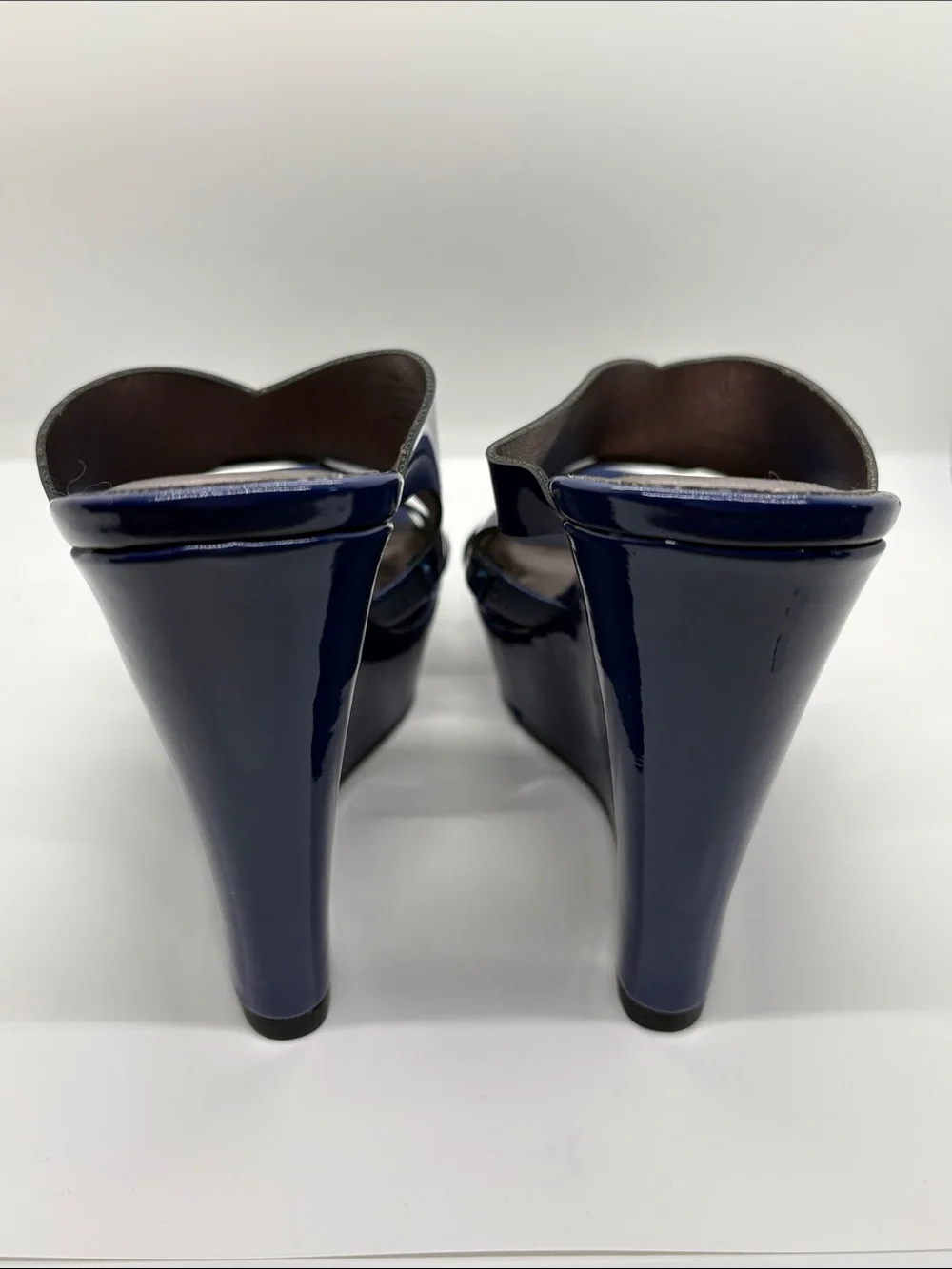 Nicole Miller Blue Patent Crossover Slide Heels